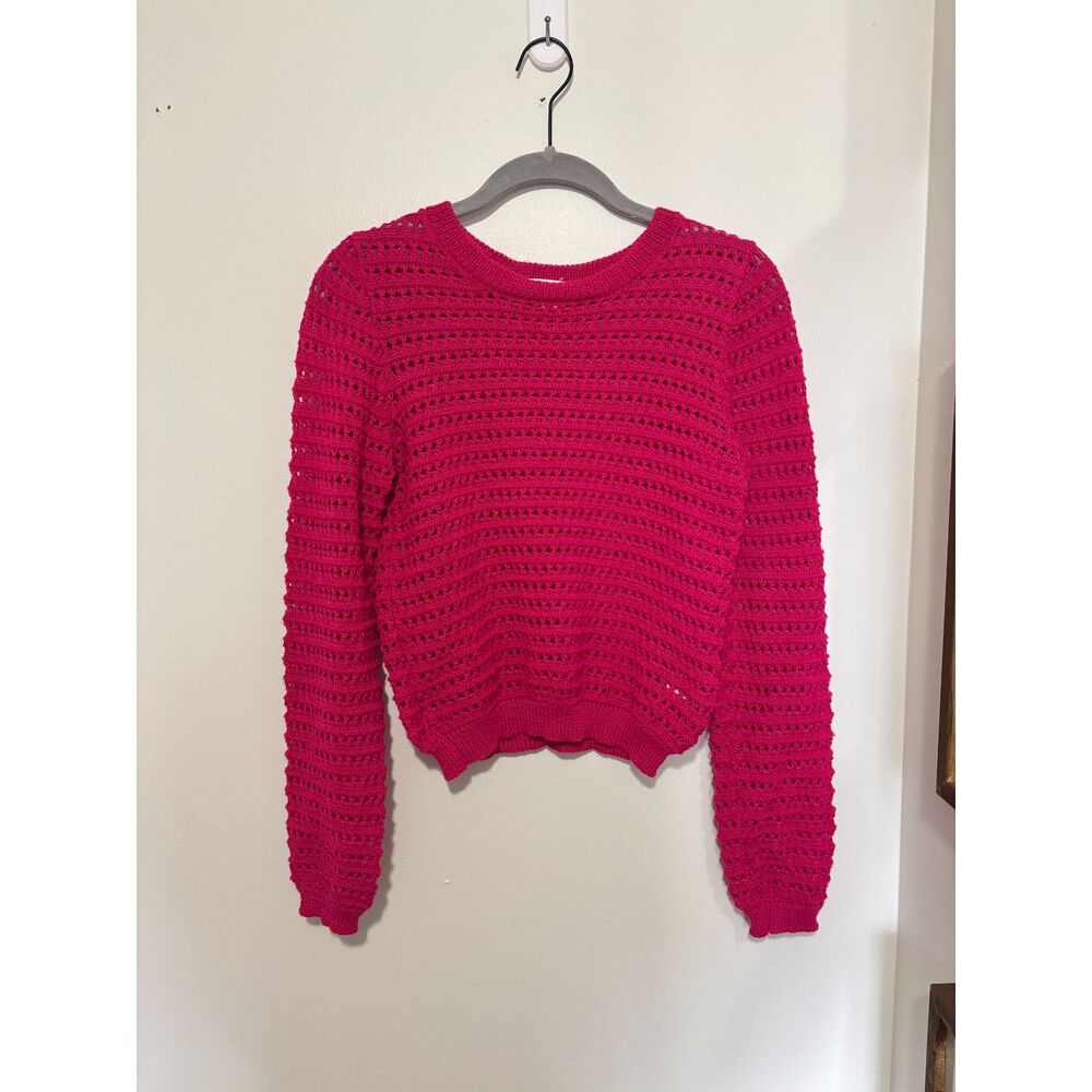 Poof Apparel Hot Pink Crochet Sweater Juniors M Y2K Open Knit Teen Top